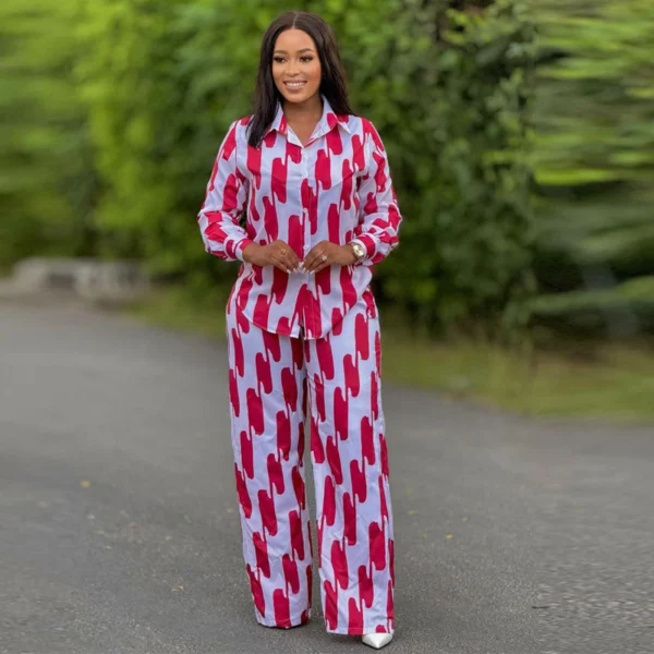 African Fashion Stripe Two Piece Set Women Spring Autumn Casual Button Long Sleeved Shirt Wide Leg Pants Two Piece Set Women - Image 5