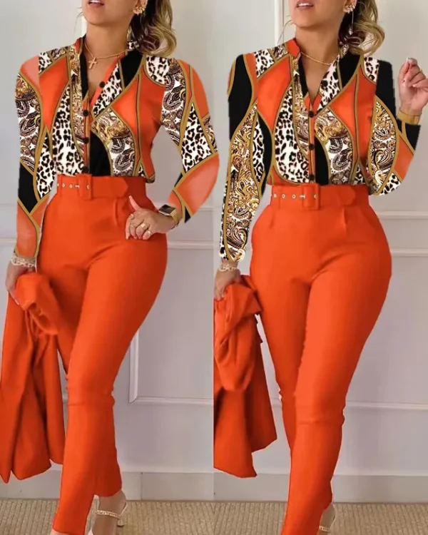 Elegant Women Printed Two Piece Suit Sets Spring Autumn V Neck Long Sleeve Shirt Top & Long Pants Set With Belt Workwear Outfits - Image 32