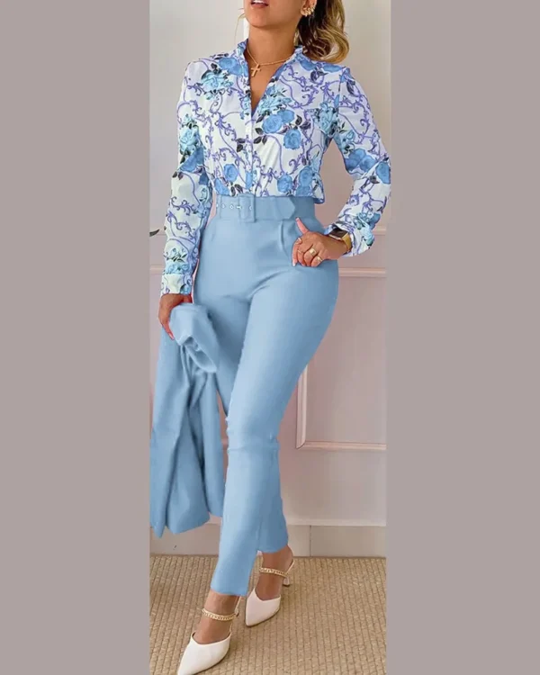 Elegant Women Printed Two Piece Suit Sets Spring Autumn V Neck Long Sleeve Shirt Top & Long Pants Set With Belt Workwear Outfits - Image 28