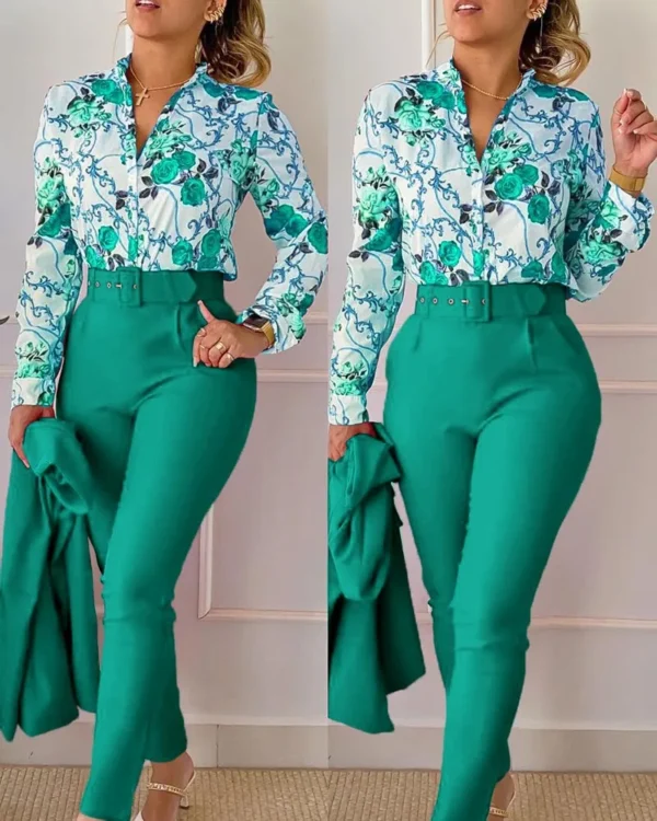 elegant print shirt and pants two piece sets women 2023 spring autumn fashion long sleeve shirts high waist pant casual suits - Image 14