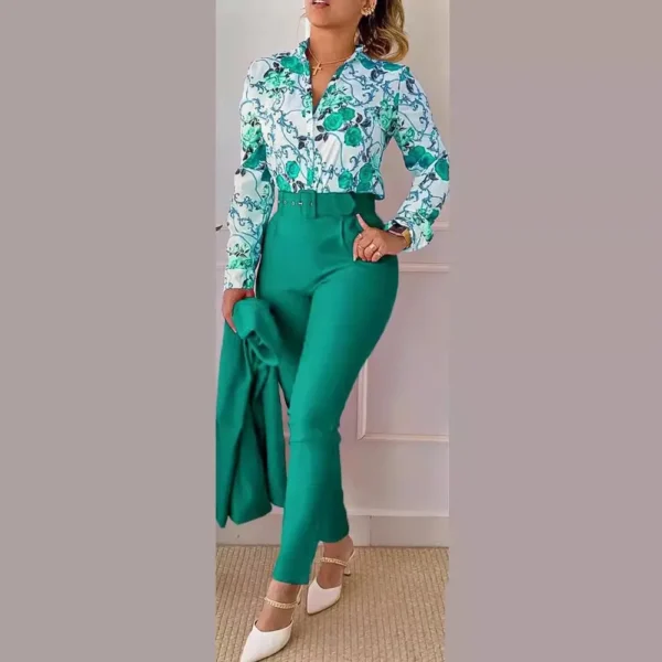 Elegant Women Printed Two Piece Suit Sets Spring Autumn V Neck Long Sleeve Shirt Top & Long Pants Set With Belt Workwear Outfits