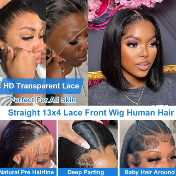 Wear Go Glueless Bob Wig Lace Front Human Hair Wigs Short Pre Plucked Straight 13x4 HD Transparent Lace Frontal Wig Bob on Sale - Image 3