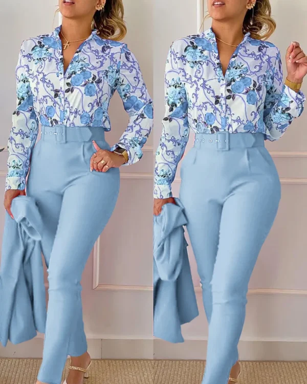 elegant print shirt and pants two piece sets women 2023 spring autumn fashion long sleeve shirts high waist pant casual suits - Image 8