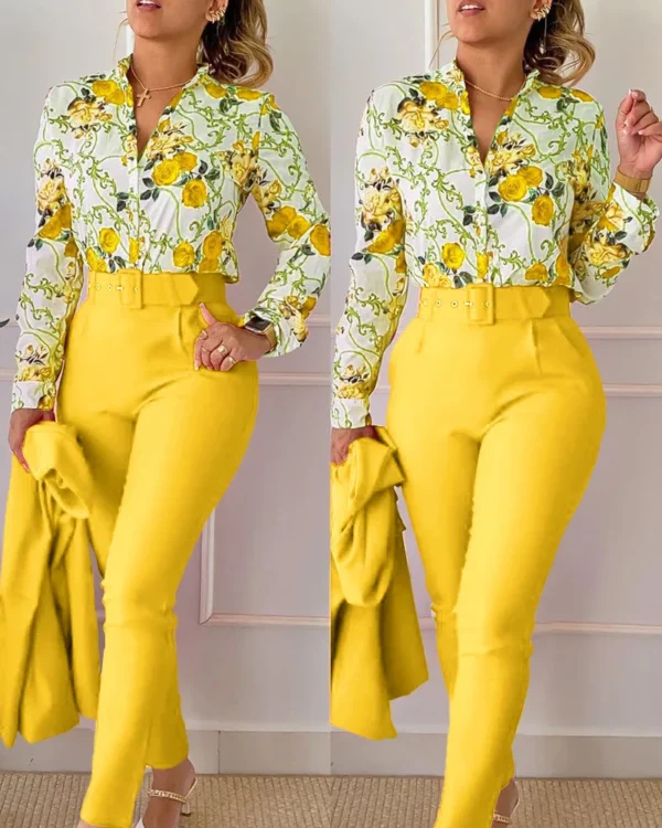 elegant print shirt and pants two piece sets women 2023 spring autumn fashion long sleeve shirts high waist pant casual suits - Image 7