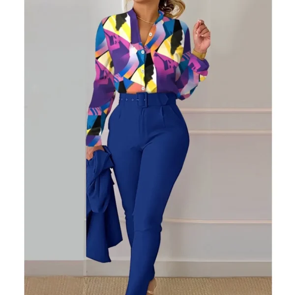 Elegant Women Printed Two Piece Suit Sets Spring Autumn V Neck Long Sleeve Shirt Top & Long Pants Set With Belt Workwear Outfits - Image 5