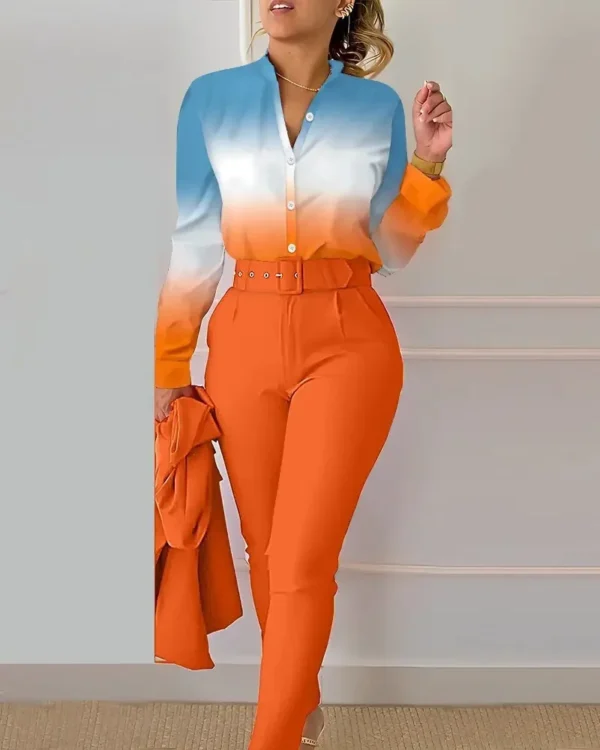 Elegant Women Printed Two Piece Suit Sets Spring Autumn V Neck Long Sleeve Shirt Top & Long Pants Set With Belt Workwear Outfits - Image 36