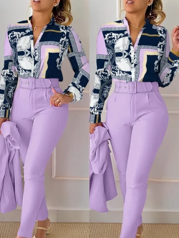 Elegant Women Printed Two Piece Suit Sets Spring Autumn V Neck Long Sleeve Shirt Top & Long Pants Set With Belt Workwear Outfits - Image 12