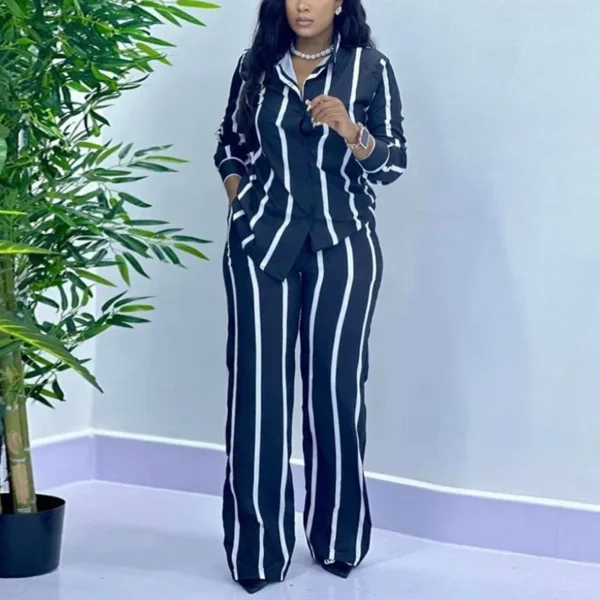 African Fashion Stripe Two Piece Set Women Spring Autumn Casual Button Long Sleeved Shirt Wide Leg Pants Two Piece Set Women - Image 3