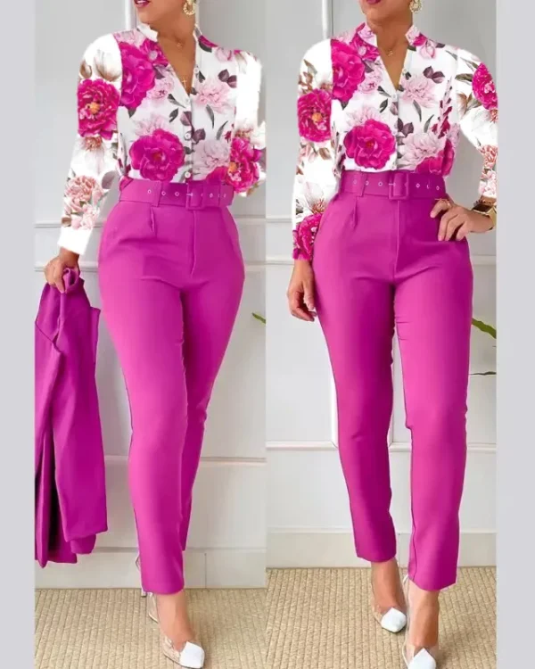 Elegant Women Printed Two Piece Suit Sets Spring Autumn V Neck Long Sleeve Shirt Top & Long Pants Set With Belt Workwear Outfits - Image 26