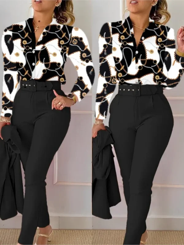 Elegant Women Printed Two Piece Suit Sets Spring Autumn V Neck Long Sleeve Shirt Top & Long Pants Set With Belt Workwear Outfits