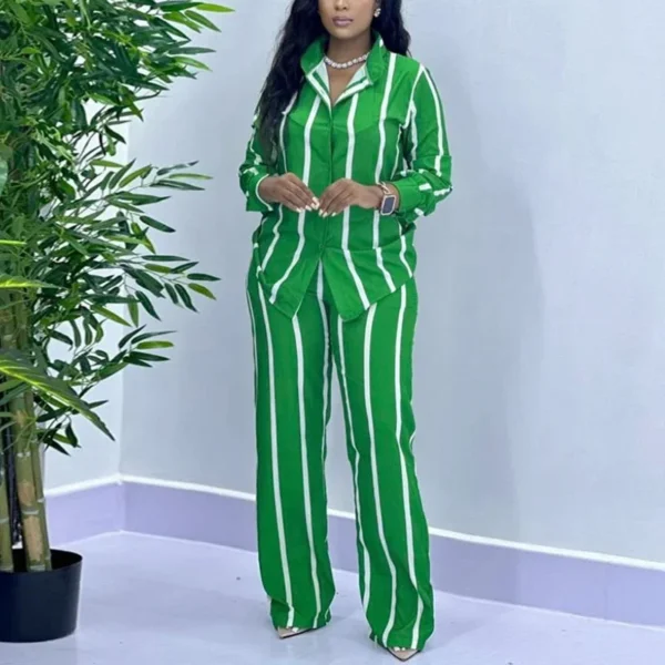 African Fashion Stripe Two Piece Set Women Spring Autumn Casual Button Long Sleeved Shirt Wide Leg Pants Two Piece Set Women - Image 2