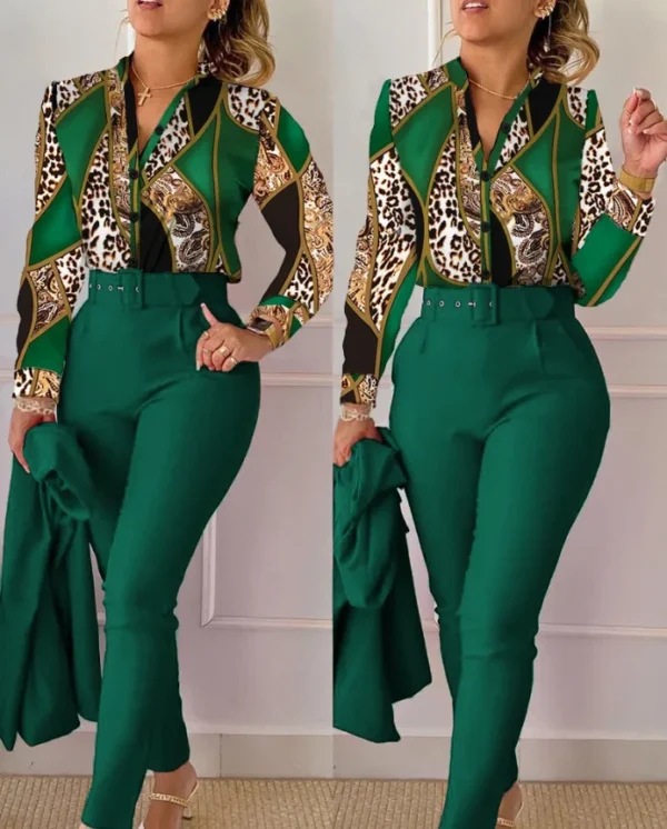 Elegant Women Printed Two Piece Suit Sets Spring Autumn V Neck Long Sleeve Shirt Top & Long Pants Set With Belt Workwear Outfits - Image 34