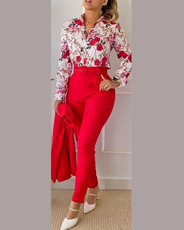 Elegant Women Printed Two Piece Suit Sets Spring Autumn V Neck Long Sleeve Shirt Top & Long Pants Set With Belt Workwear Outfits - Image 50