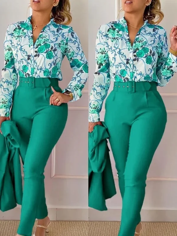 Elegant Women Printed Two Piece Suit Sets Spring Autumn V Neck Long Sleeve Shirt Top & Long Pants Set With Belt Workwear Outfits - Image 10