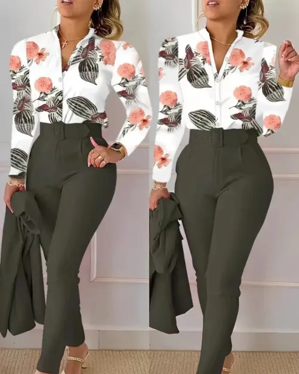 Elegant Women Printed Two Piece Suit Sets Spring Autumn V Neck Long Sleeve Shirt Top & Long Pants Set With Belt Workwear Outfits - Image 19