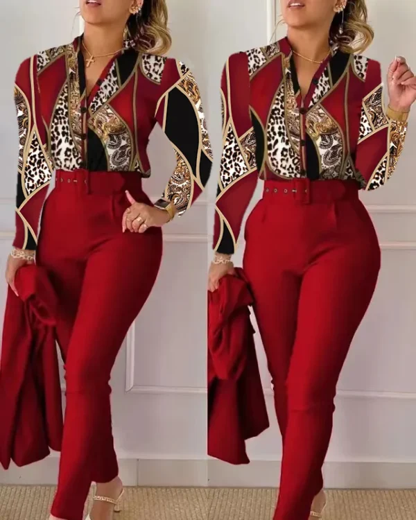 Elegant Women Printed Two Piece Suit Sets Spring Autumn V Neck Long Sleeve Shirt Top & Long Pants Set With Belt Workwear Outfits - Image 30