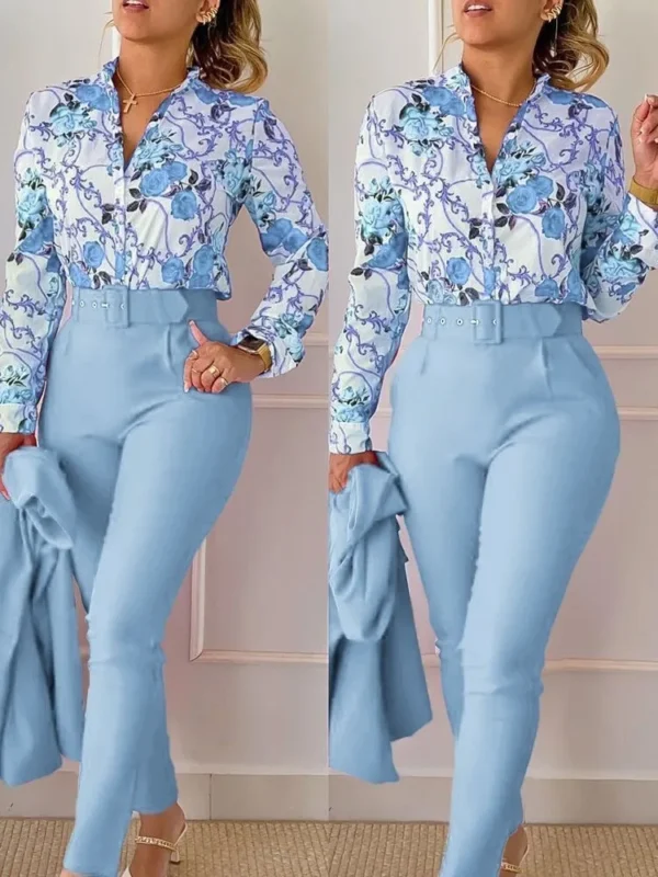 Elegant Women Printed Two Piece Suit Sets Spring Autumn V Neck Long Sleeve Shirt Top & Long Pants Set With Belt Workwear Outfits - Image 8