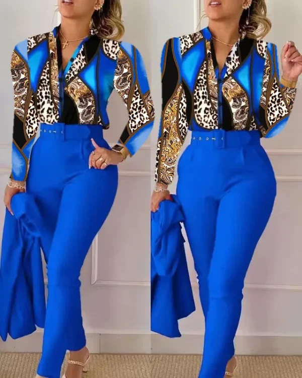 Elegant Women Printed Two Piece Suit Sets Spring Autumn V Neck Long Sleeve Shirt Top & Long Pants Set With Belt Workwear Outfits - Image 33