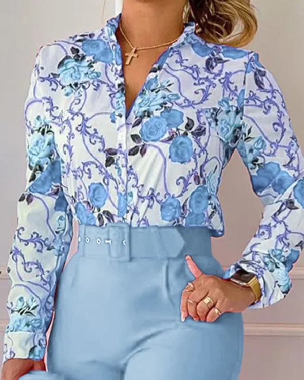 Elegant Women Printed Two Piece Suit Sets Spring Autumn V Neck Long Sleeve Shirt Top & Long Pants Set With Belt Workwear Outfits - Image 46