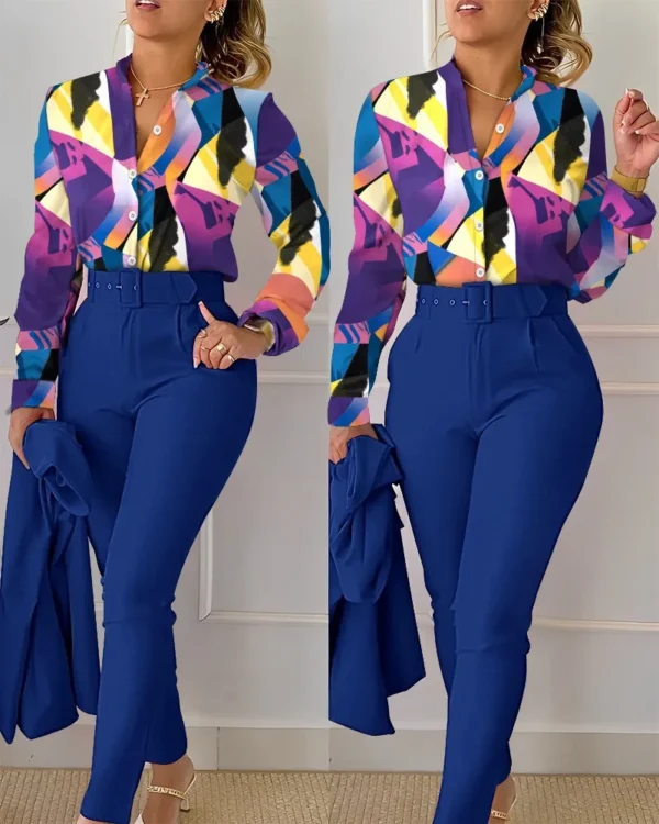 Elegant Women Printed Two Piece Suit Sets Spring Autumn V Neck Long Sleeve Shirt Top & Long Pants Set With Belt Workwear Outfits - Image 38