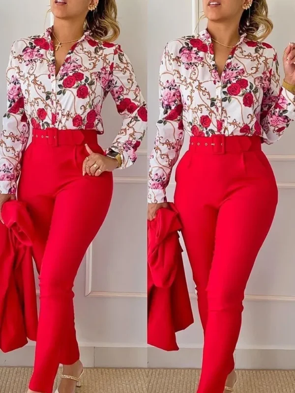 Elegant Women Printed Two Piece Suit Sets Spring Autumn V Neck Long Sleeve Shirt Top & Long Pants Set With Belt Workwear Outfits - Image 7