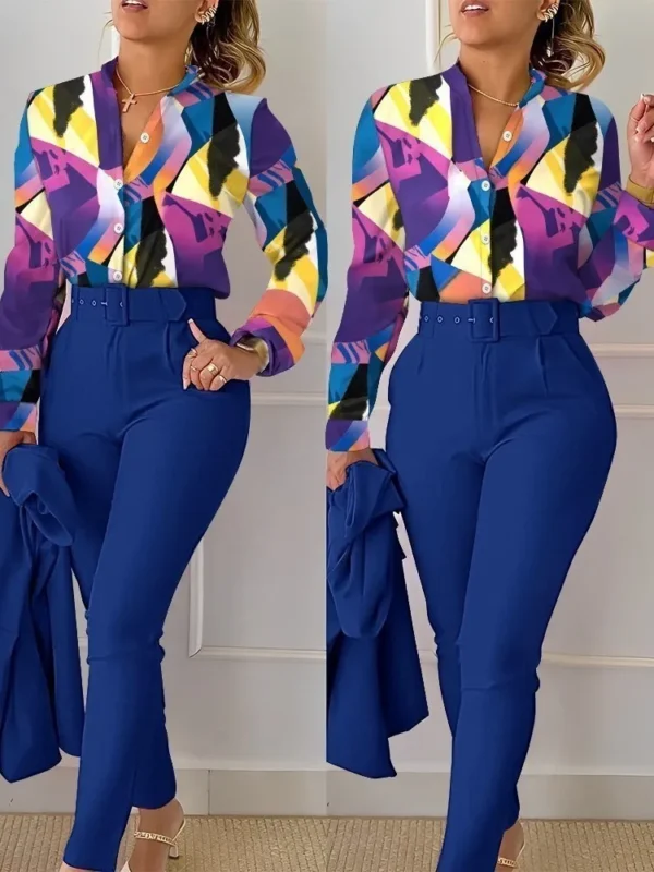 Elegant Women Printed Two Piece Suit Sets Spring Autumn V Neck Long Sleeve Shirt Top & Long Pants Set With Belt Workwear Outfits - Image 11