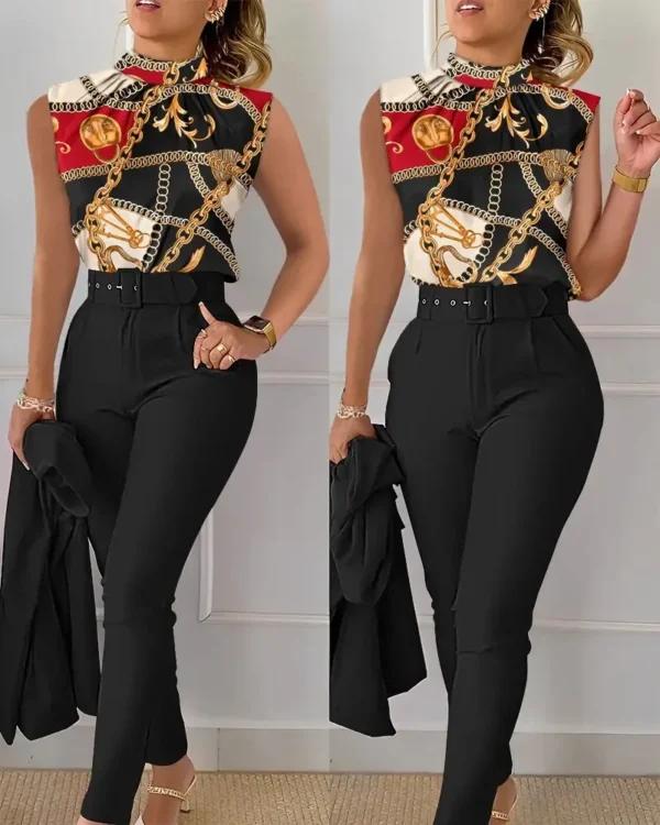 Elegant Women's Two Piece Set Suits Fashion Printed Sleevelss Top black Pants Set With Belt Blouses 2 Piece Set Female Clothing - Image 11