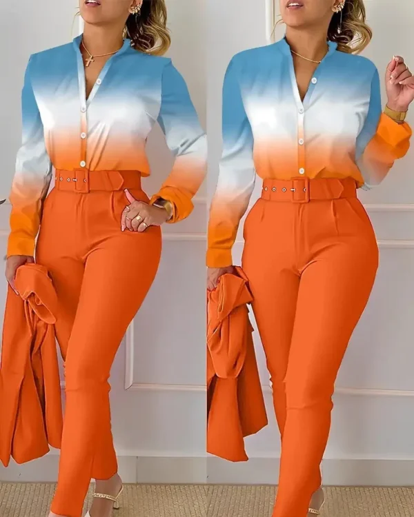 Elegant Women Printed Two Piece Suit Sets Spring Autumn V Neck Long Sleeve Shirt Top & Long Pants Set With Belt Workwear Outfits - Image 35