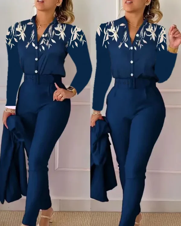 Elegant Women Printed Two Piece Suit Sets Spring Autumn V Neck Long Sleeve Shirt Top & Long Pants Set With Belt Workwear Outfits - Image 23