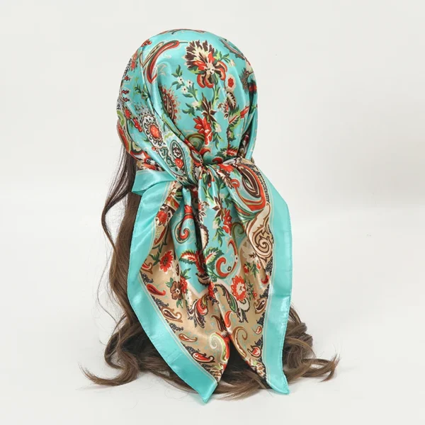 Satin Square Scarf Women Muslim Hijab Elegant 2023 Print Silk Neckerchief Shawl Wraps Headband Handle Hair Accessories Bandana - Image 17