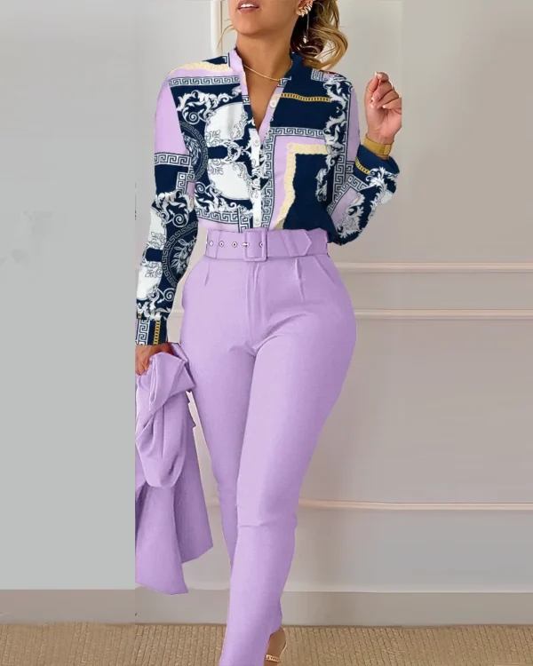 Elegant Women Printed Two Piece Suit Sets Spring Autumn V Neck Long Sleeve Shirt Top & Long Pants Set With Belt Workwear Outfits - Image 42