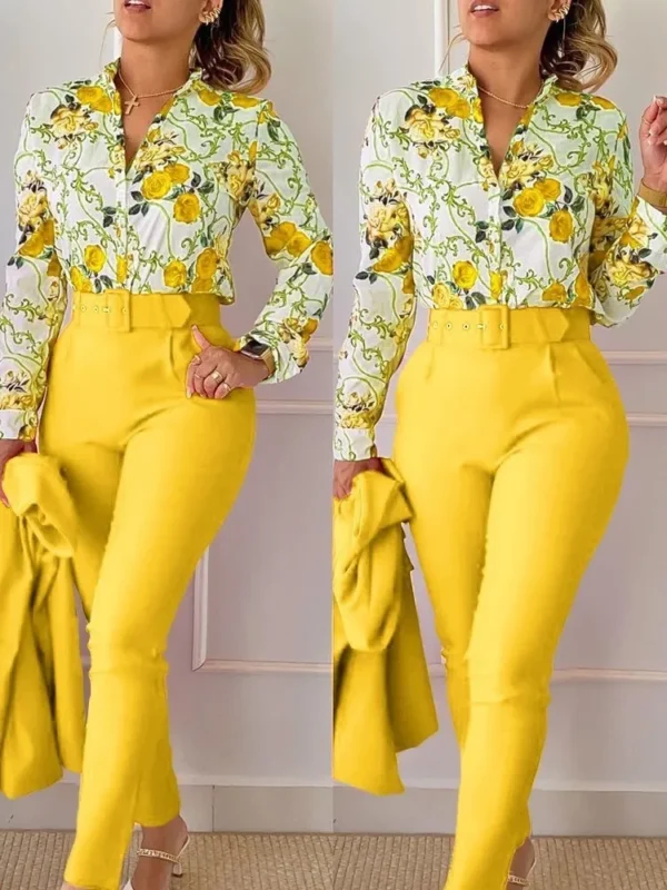 Elegant Women Printed Two Piece Suit Sets Spring Autumn V Neck Long Sleeve Shirt Top & Long Pants Set With Belt Workwear Outfits - Image 16