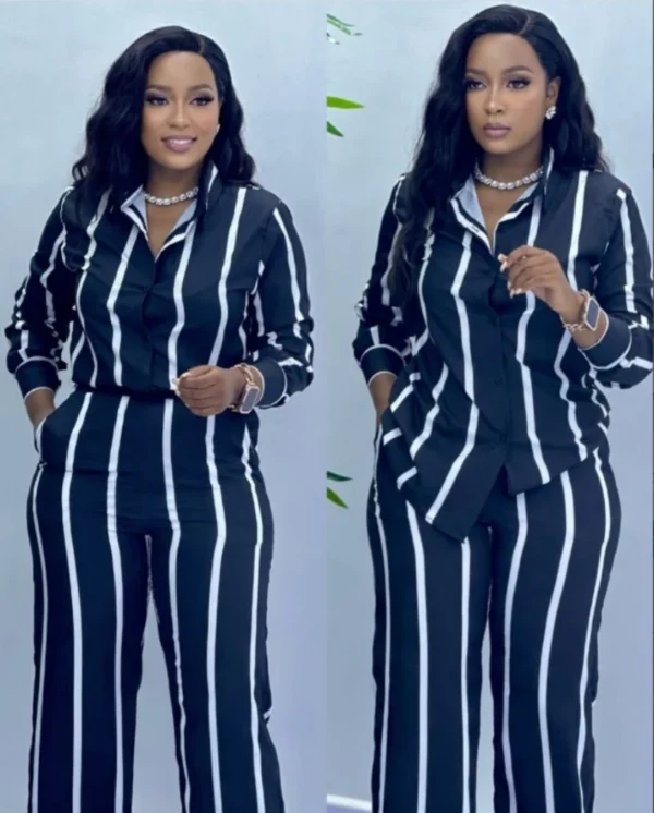 African Fashion Stripe Two Piece Set Women Spring Autumn Casual Button Long Sleeved Shirt Wide Leg Pants Two Piece Set Women - Image 14