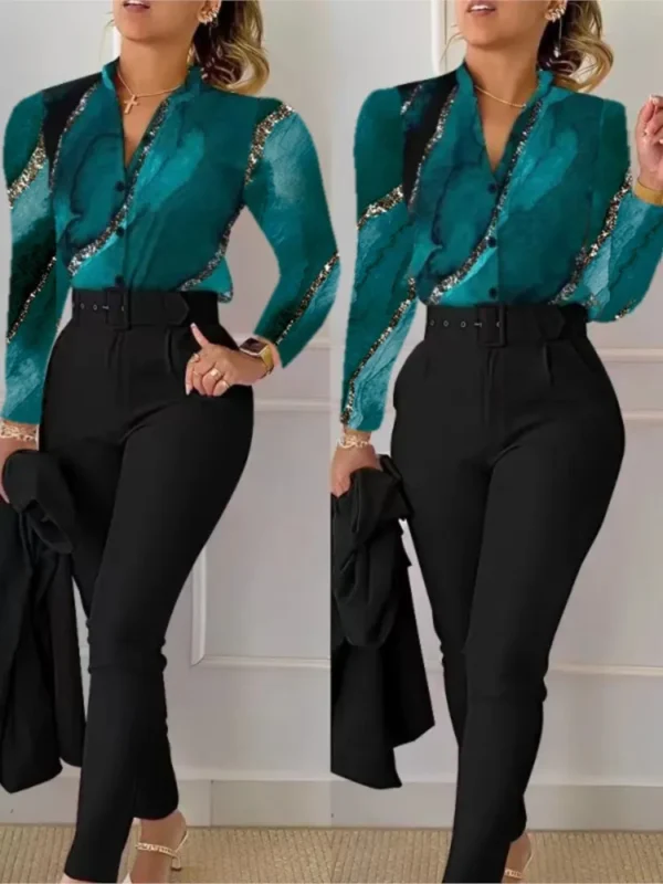 Elegant Women Printed Two Piece Suit Sets Spring Autumn V Neck Long Sleeve Shirt Top & Long Pants Set With Belt Workwear Outfits - Image 9