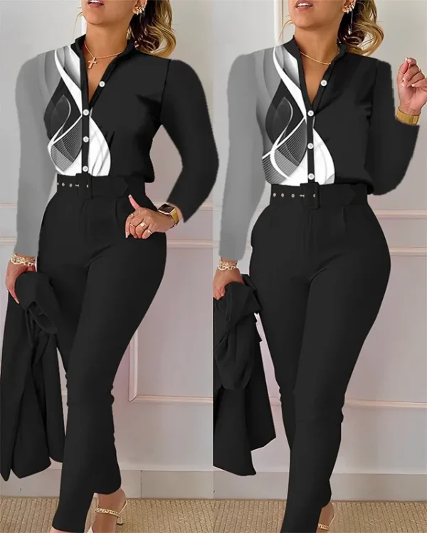 Elegant Women Printed Two Piece Suit Sets Spring Autumn V Neck Long Sleeve Shirt Top & Long Pants Set With Belt Workwear Outfits - Image 22