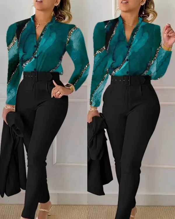 Elegant Women Printed Two Piece Suit Sets Spring Autumn V Neck Long Sleeve Shirt Top & Long Pants Set With Belt Workwear Outfits - Image 25