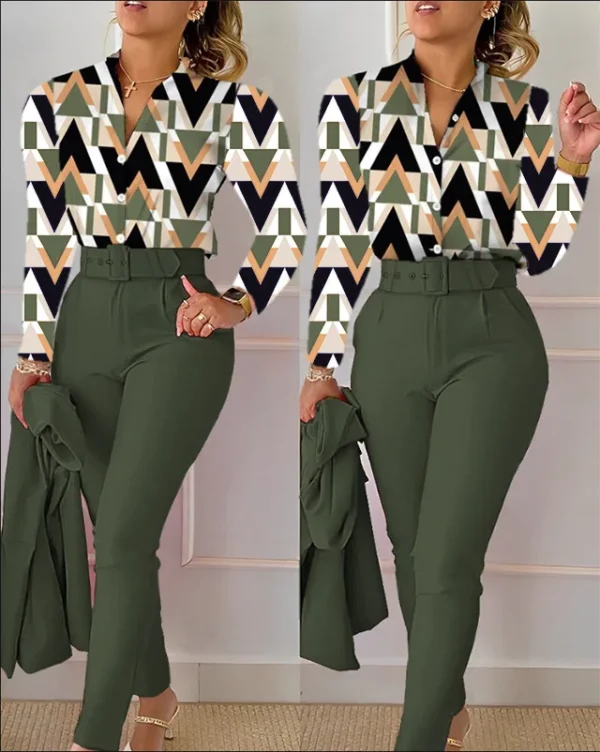 Elegant Women Printed Two Piece Suit Sets Spring Autumn V Neck Long Sleeve Shirt Top & Long Pants Set With Belt Workwear Outfits - Image 21