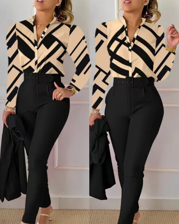 Elegant Women Printed Two Piece Suit Sets Spring Autumn V Neck Long Sleeve Shirt Top & Long Pants Set With Belt Workwear Outfits - Image 24