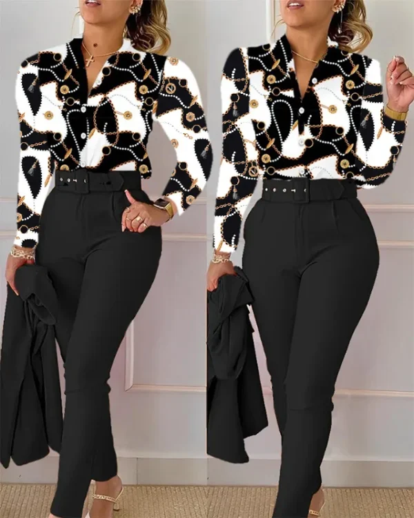 Elegant Women Printed Two Piece Suit Sets Spring Autumn V Neck Long Sleeve Shirt Top & Long Pants Set With Belt Workwear Outfits - Image 20