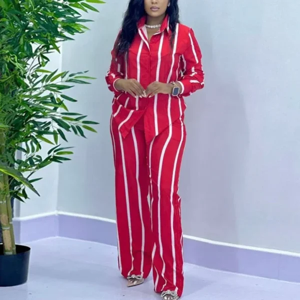 African Fashion Stripe Two Piece Set Women Spring Autumn Casual Button Long Sleeved Shirt Wide Leg Pants Two Piece Set Women - Image 4