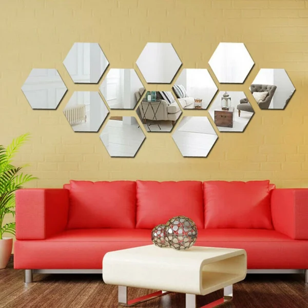 12pcs Hexagonal 3D Mirror Wall Sticker Multiple Colors Plastic Self-adhesive Mirror Stickers DIY Landscaping Decoration Product