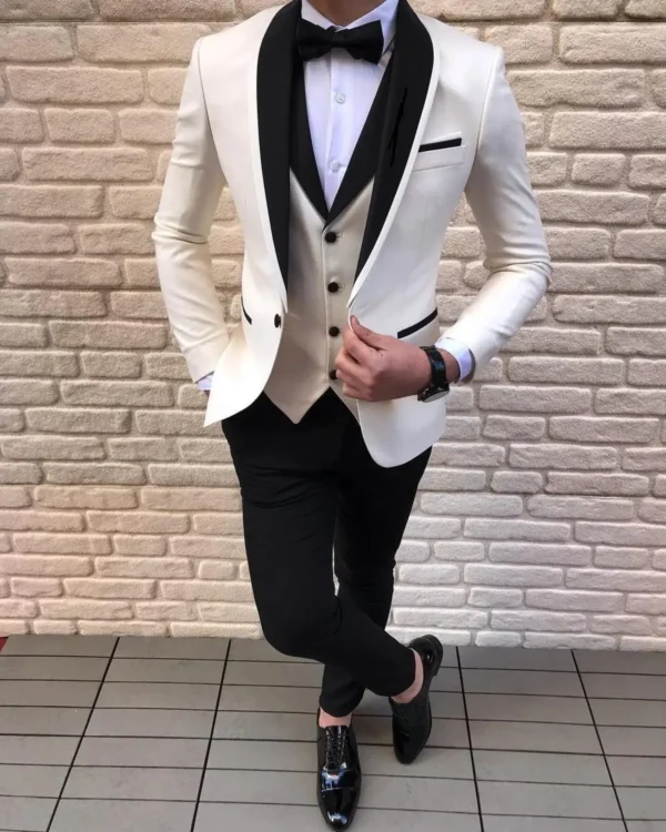 White Slit Mens Suits 3 Piece Black Shawl Lapel Casual Groom Tuxedos for Wedding Groomsmen Suits Men 2021 (Blazer+Vest+Pant) - Image 5