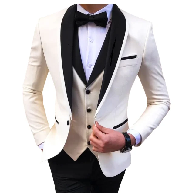 White Slit Mens Suits 3 Piece Black Shawl Lapel Casual Groom Tuxedos for Wedding Groomsmen Suits Men 2021 (Blazer+Vest+Pant)