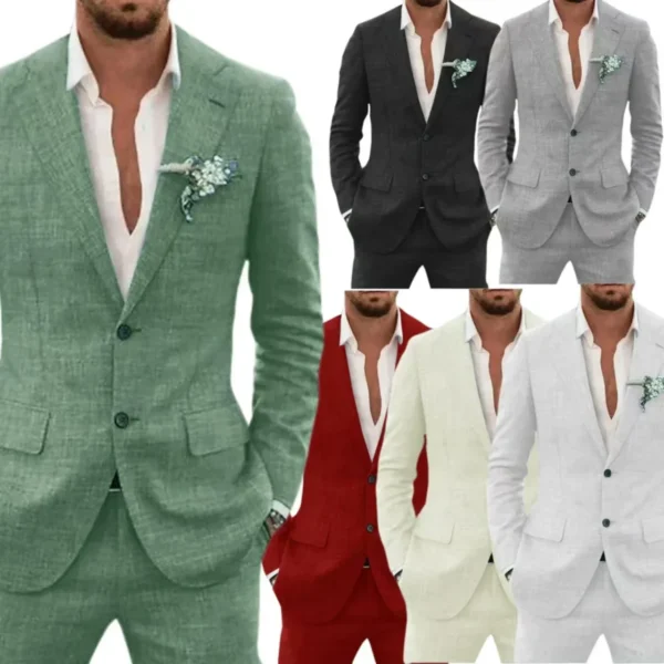 Casual Linen Suit for Men Notched Lapel Slim Fit 2 Pieces for Wedding Dresses Summer Beach Tuxedo Suits for Men