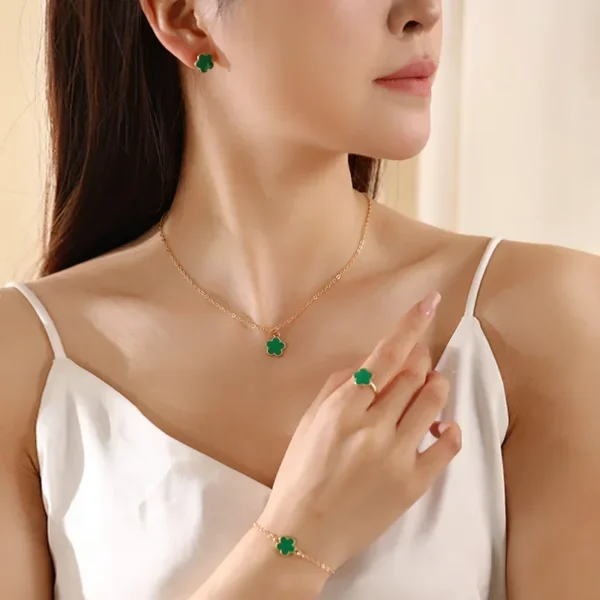 Fashionable Four-piece Set Jewelry for Woman Lucky Five-petal Flower Clover Earrings Necklace Ring Bracelet Accessories Party - Image 5