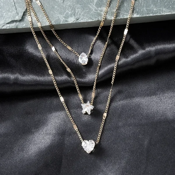 Crystal Zircon Heart Star Charm Layered Pendant Necklace Set for Women Charms Fashion Square Rhinestone Female Vintage Jewelry - Image 3