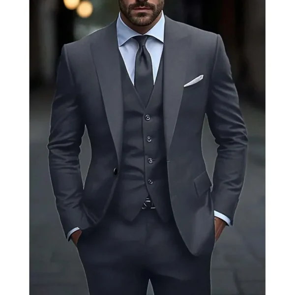 Dark Grey High Quality Men Suits Slim Fit Single Breasted Peak Lapel Elegant Groom 3 Piece Jacket Pants Vest Male Sets