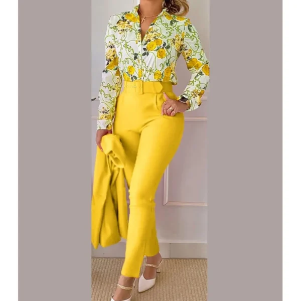 Elegant Women Printed Two Piece Suit Sets Spring Autumn V Neck Long Sleeve Shirt Top & Long Pants Set With Belt Workwear Outfits - Image 4