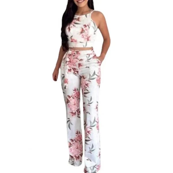 2Pieces Set Women Trouser Flower Pattern Sleeveless High Waist Milk Silk Vest Wide-leg Pants Casual Outfit Women Set - Image 2