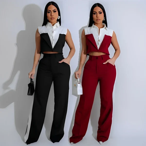 Spring Summer Fashion Color Contrasting Two Piece Set Women Short Sleeve Shirt Top Straight Long Pants Elegant 2 Piece Set Women - Image 6